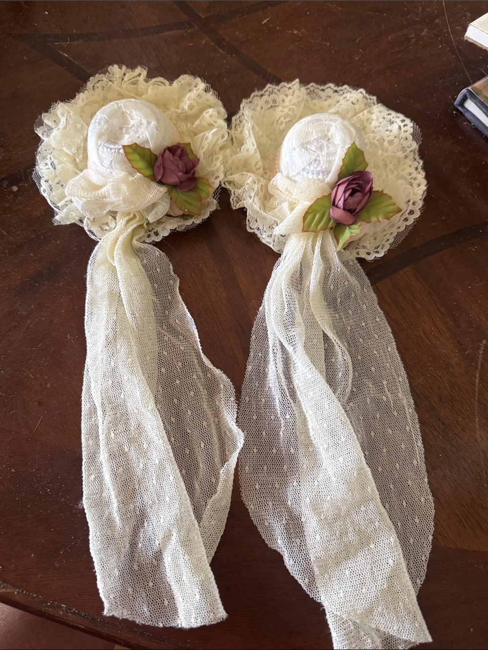 Doll Hats - 2 White Hats w Lace overall with Flower Details Excellent Condition